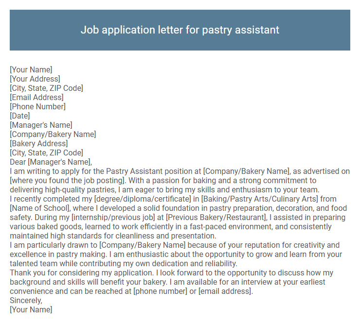 Job application letter for pastry assistant