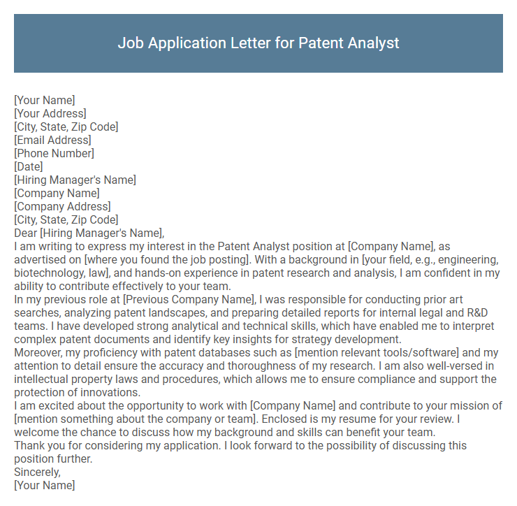 Job Application Letter for Patent Analyst