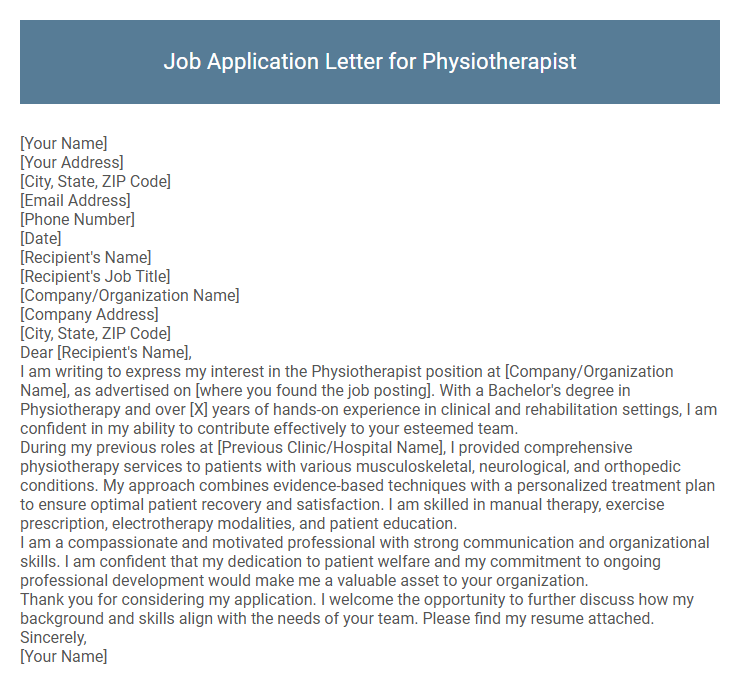 Job Application Letter for Physiotherapist