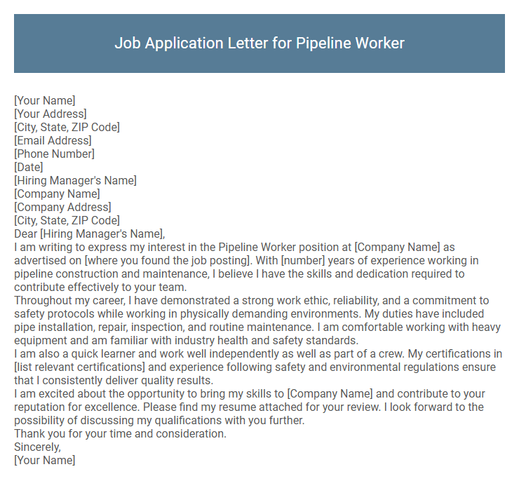 Job Application Letter for Pipeline Worker