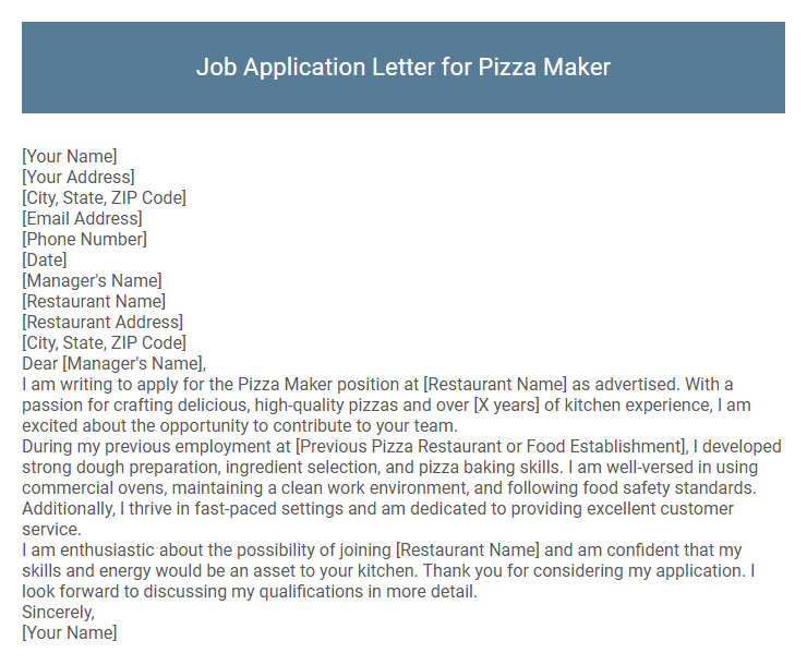 Job Application Letter for Pizza Maker