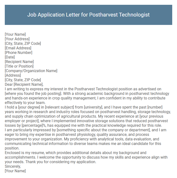 Job Application Letter for Postharvest Technologist