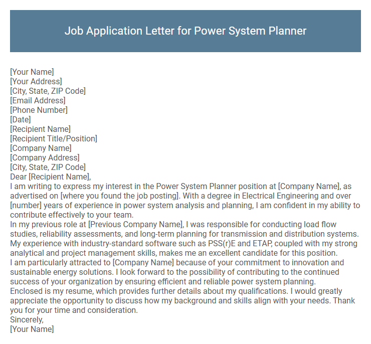 Job Application Letter for Power System Planner