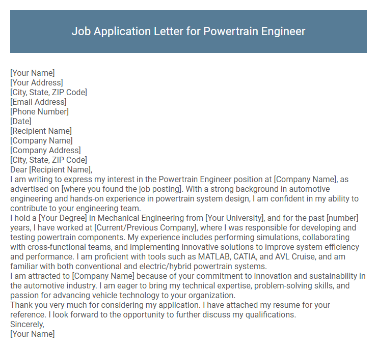 Job Application Letter for Powertrain Engineer