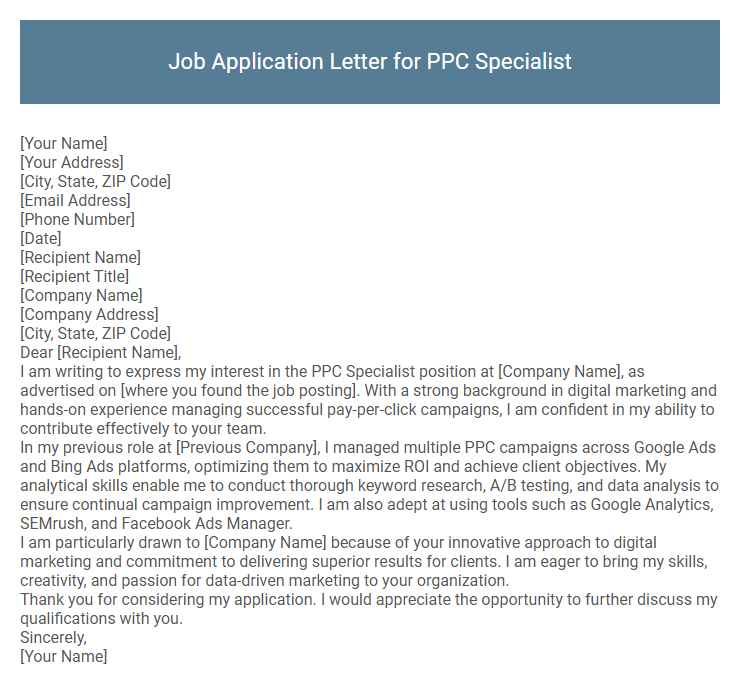 Job Application Letter for PPC Specialist