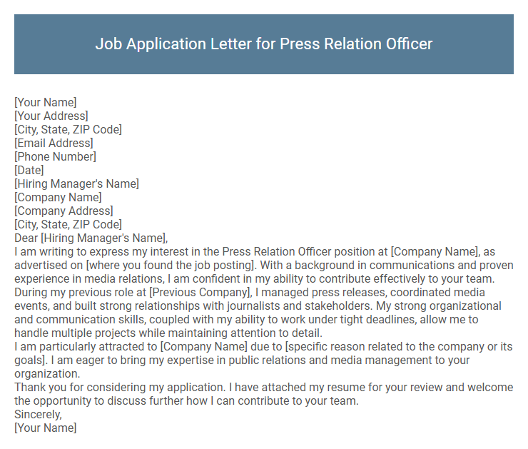 Job Application Letter for Press Relation Officer