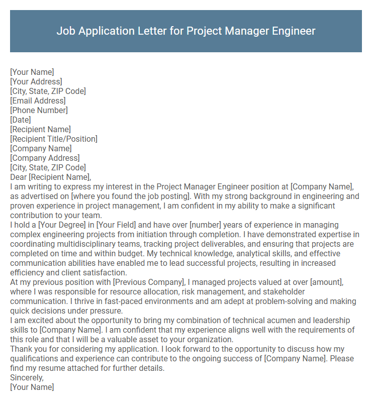 Job Application Letter for Project Manager Engineer