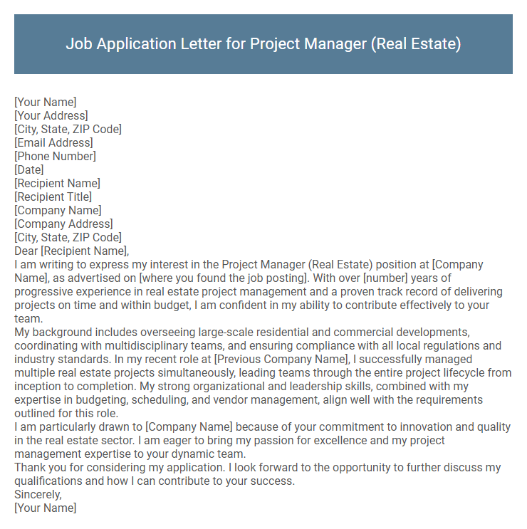 Job Application Letter for Project Manager (Real Estate)