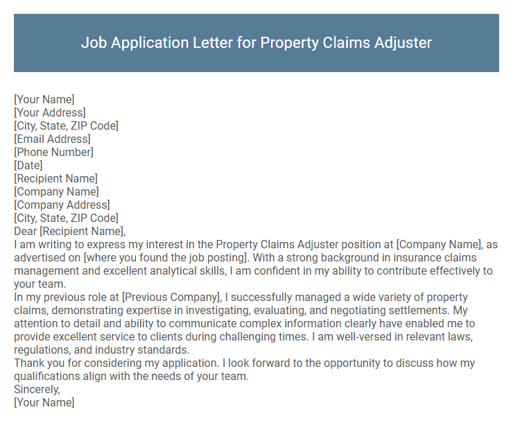 Job Application Letter for Property Claims Adjuster