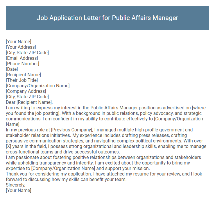 Job Application Letter for Public Affairs Manager