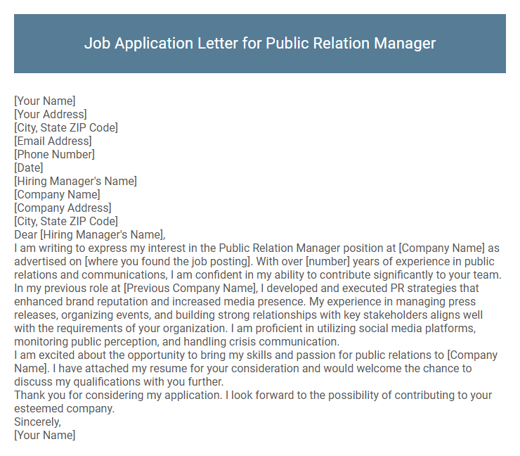 Job Application Letter for Public Relation Manager