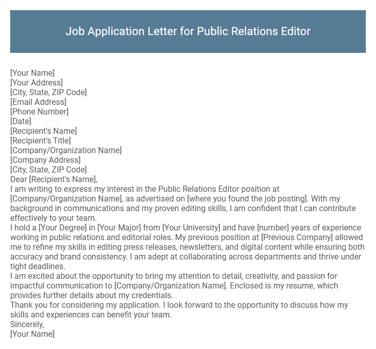 Job Application Letter for Public Relations Editor