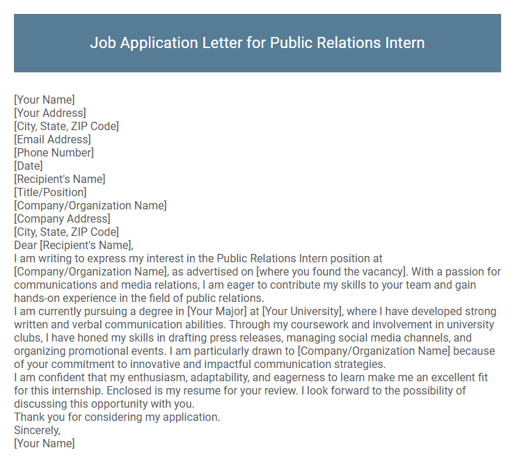 Job Application Letter for Public Relations Intern