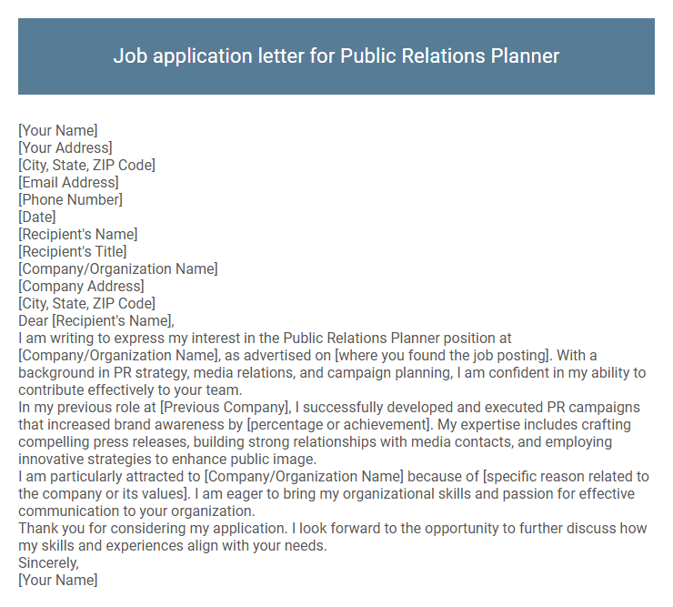 Job application letter for Public Relations Planner