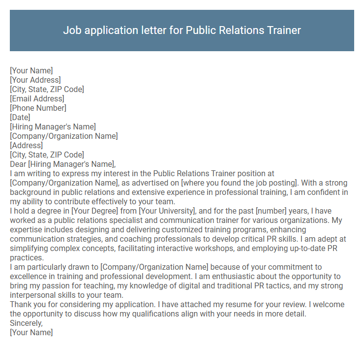 Job application letter for Public Relations Trainer