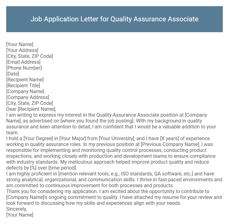 Job Application Letter for Quality Assurance Associate