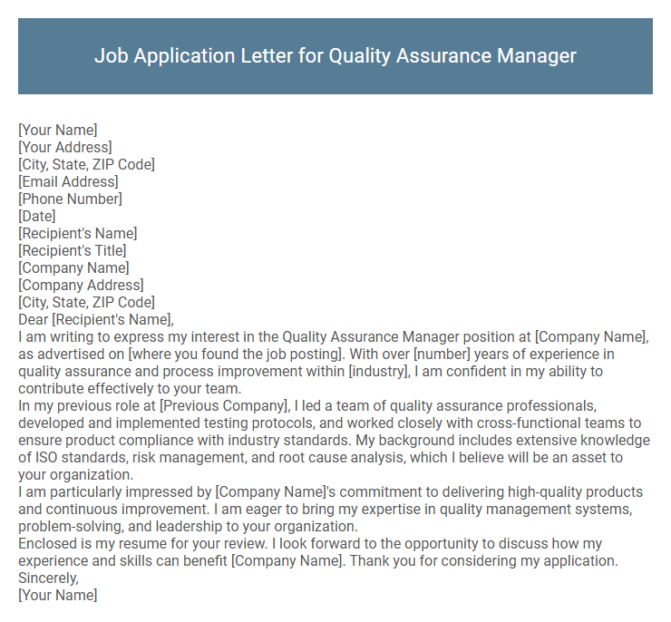 Job Application Letter for Quality Assurance Manager