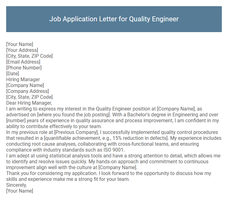 Job Application Letter for Quality Engineer