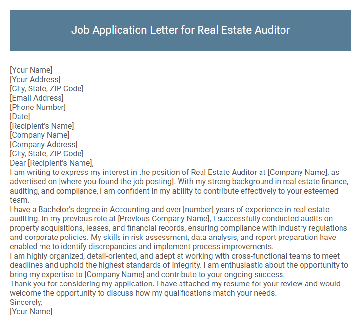 Job Application Letter for Real Estate Auditor