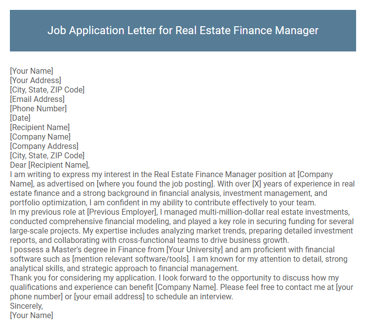 Job Application Letter for Real Estate Finance Manager
