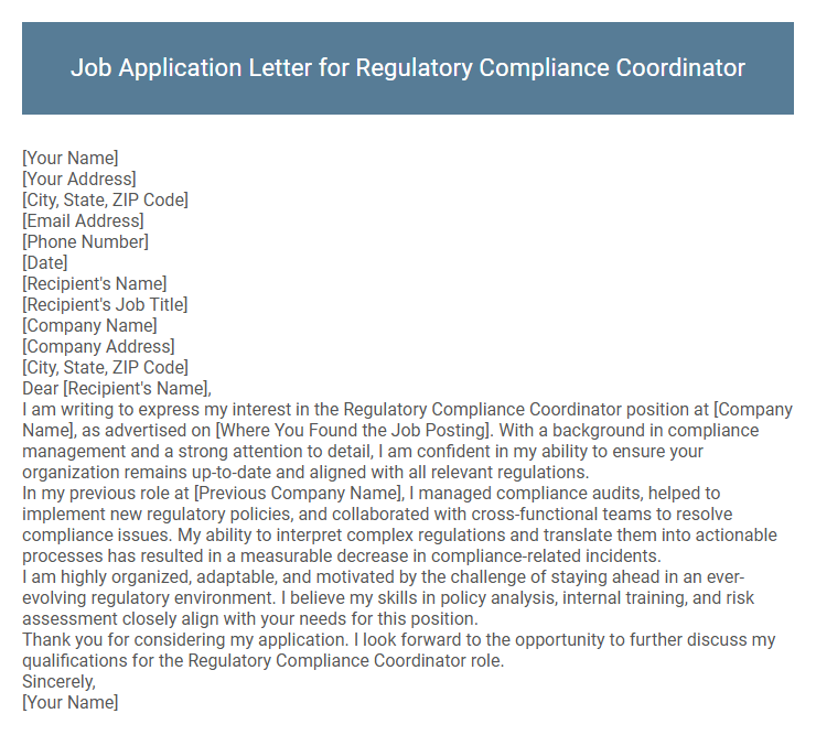 Job Application Letter for Regulatory Compliance Coordinator