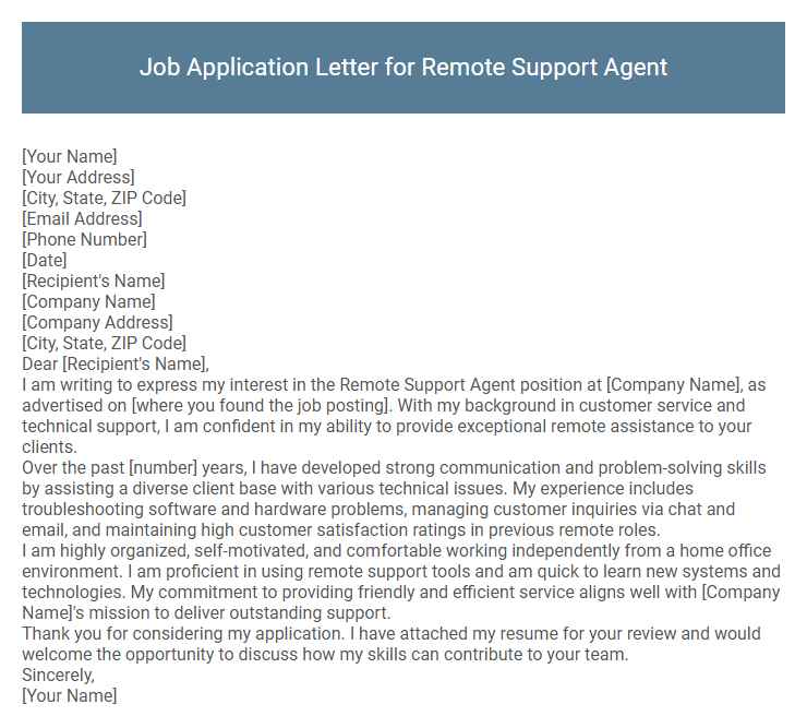 Job Application Letter for Remote Support Agent