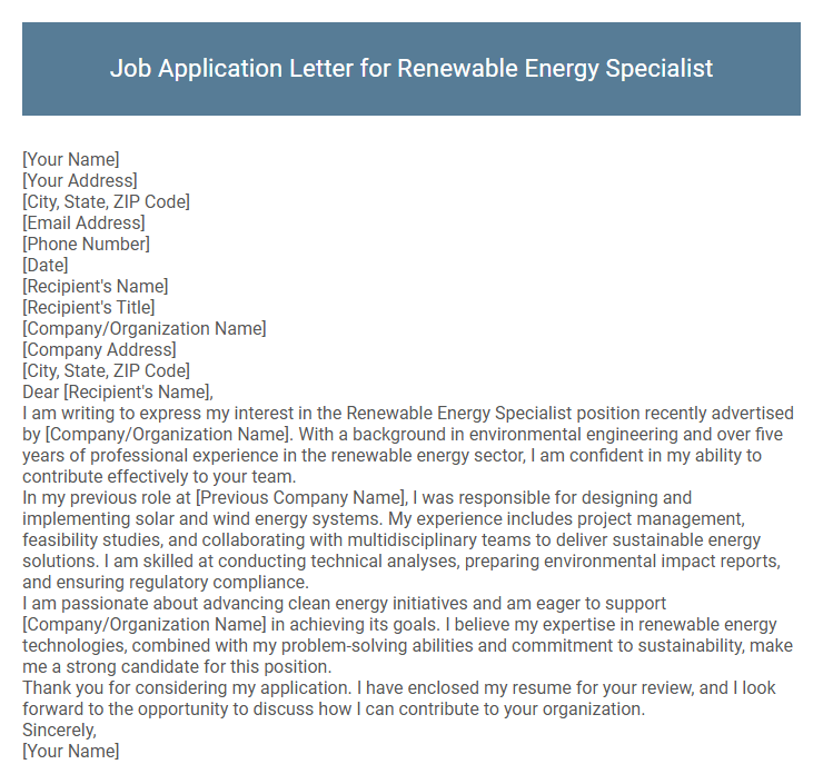 Job Application Letter for Renewable Energy Specialist