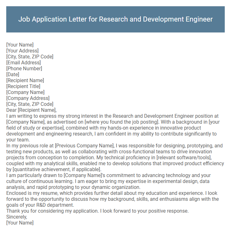 Job Application Letter for Research and Development Engineer