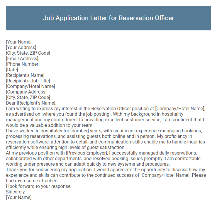 Job Application Letter for Reservation Officer