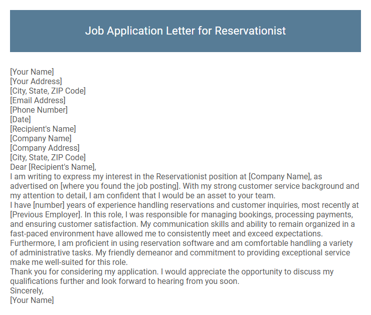Job Application Letter for Reservationist
