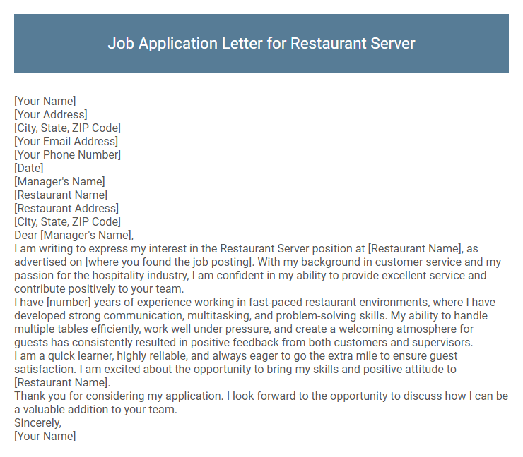 Job Application Letter for Restaurant Server