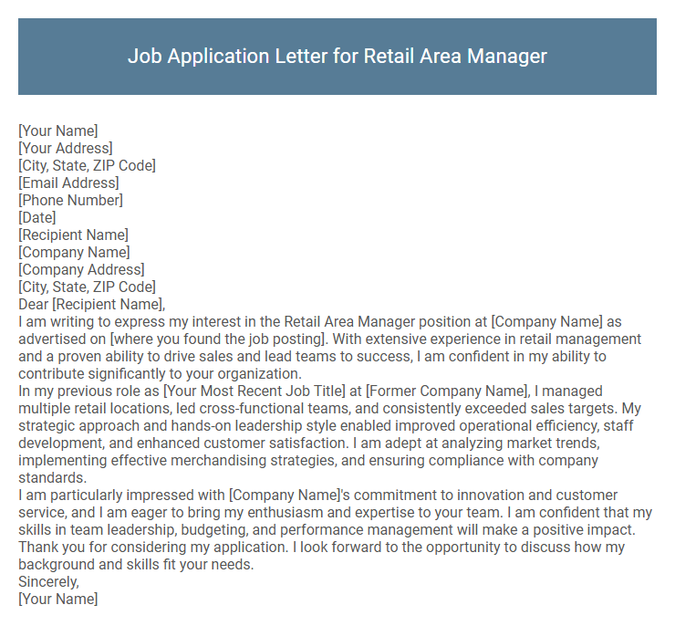 Job Application Letter for Retail Area Manager