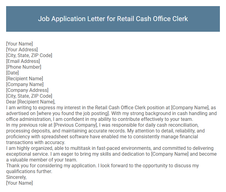 Job Application Letter for Retail Cash Office Clerk