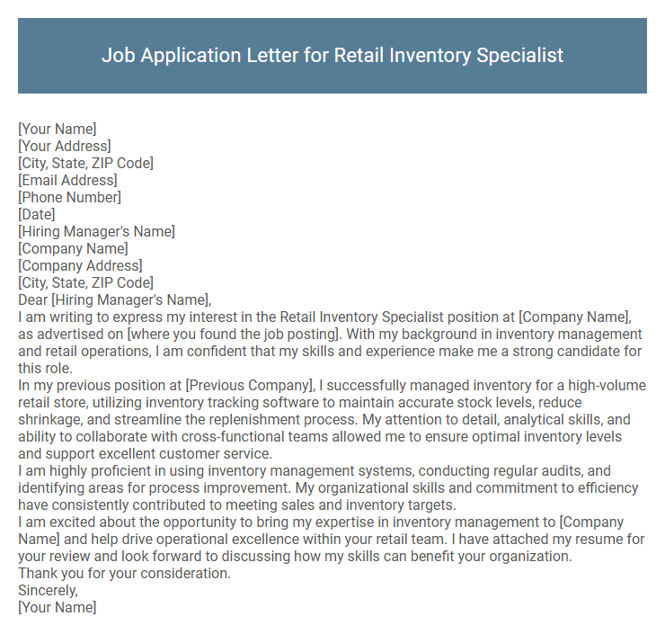 Job Application Letter for Retail Inventory Specialist