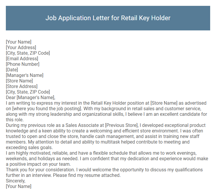 Job Application Letter for Retail Key Holder