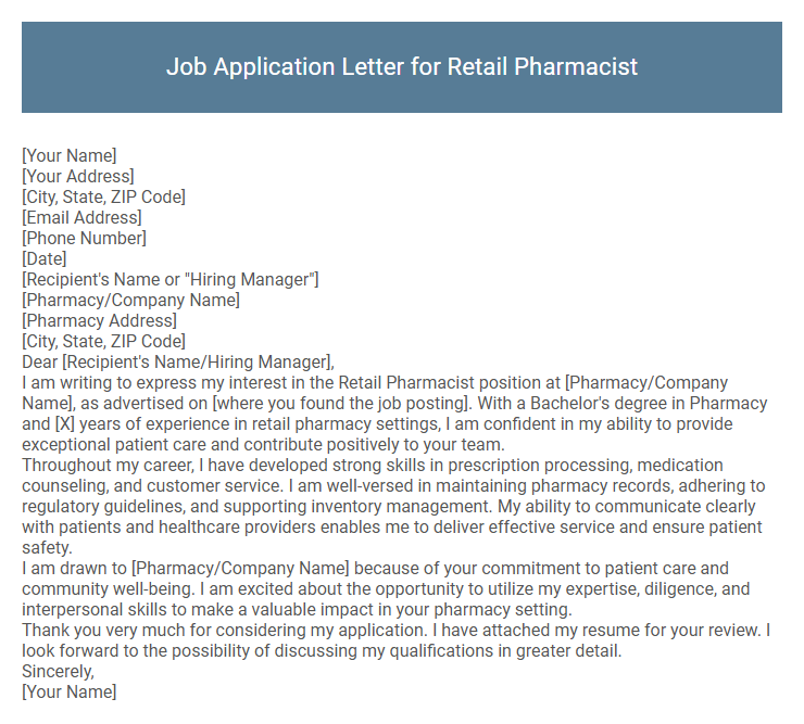 Job Application Letter for Retail Pharmacist