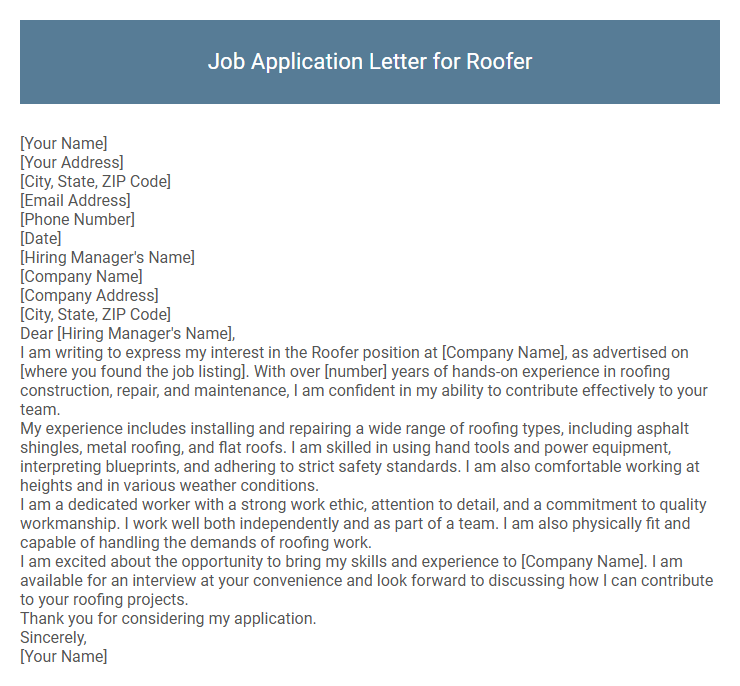 Job Application Letter for Roofer