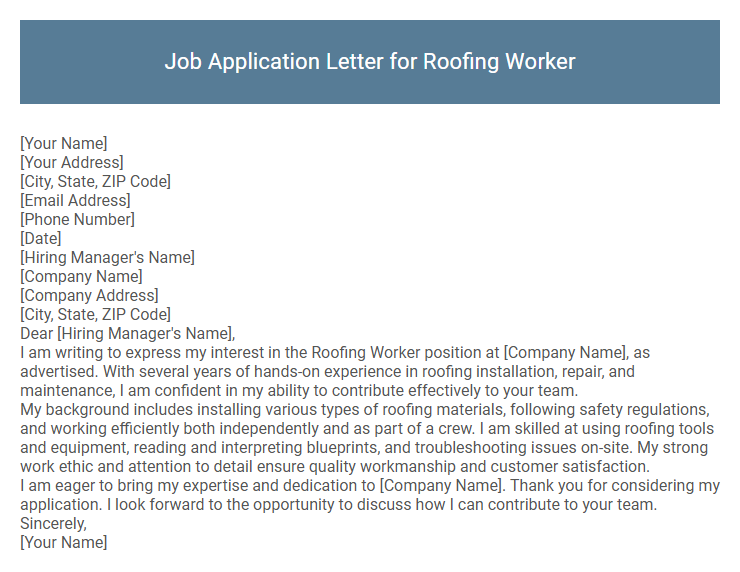 Job Application Letter for Roofing Worker