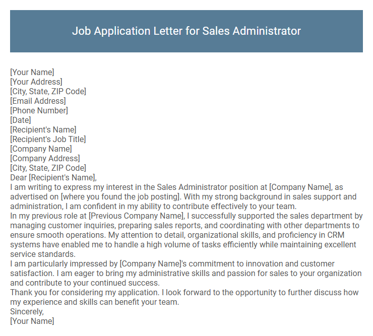 Job Application Letter for Sales Administrator