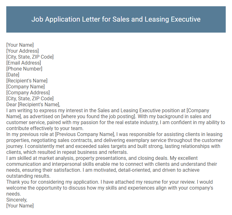 Job Application Letter for Sales and Leasing Executive