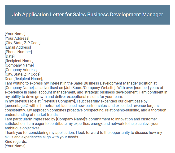 Job Application Letter for Sales Business Development Manager