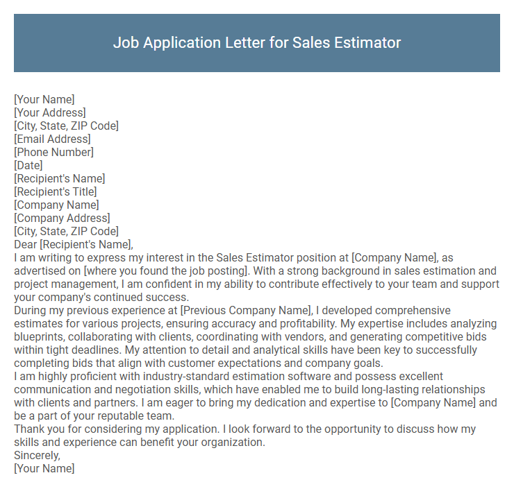 Job Application Letter for Sales Estimator