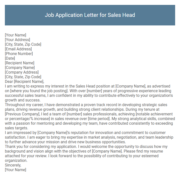 Job Application Letter for Sales Head