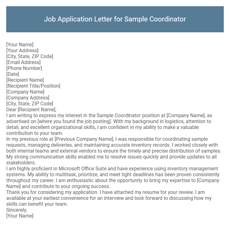Job Application Letter for Sample Coordinator