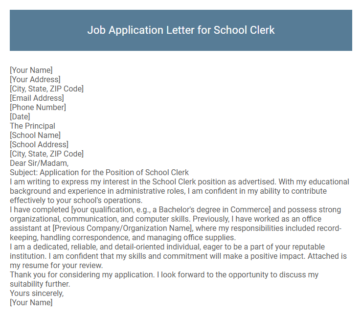 Job Application Letter for School Clerk
