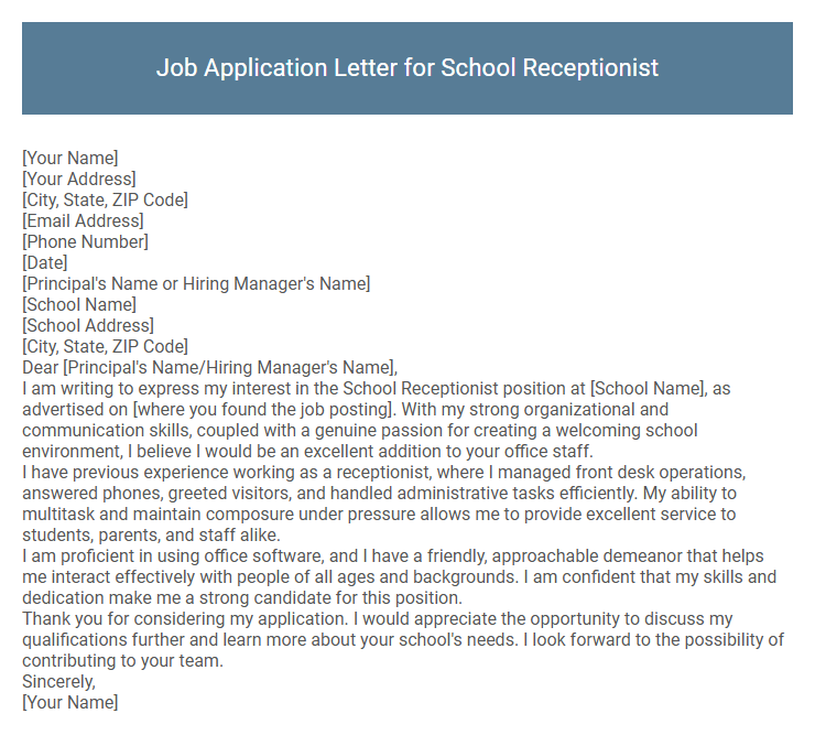Job Application Letter for School Receptionist