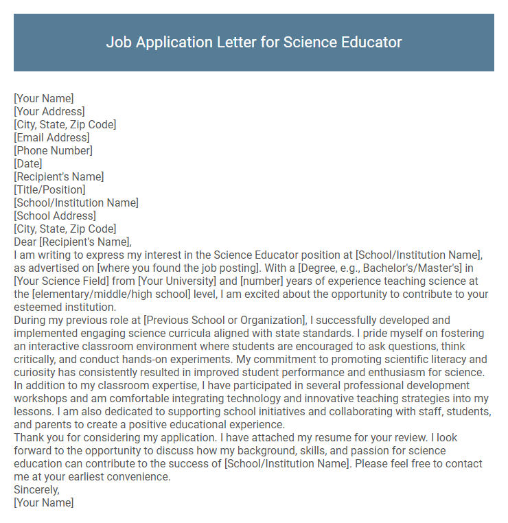 Job Application Letter for Science Educator