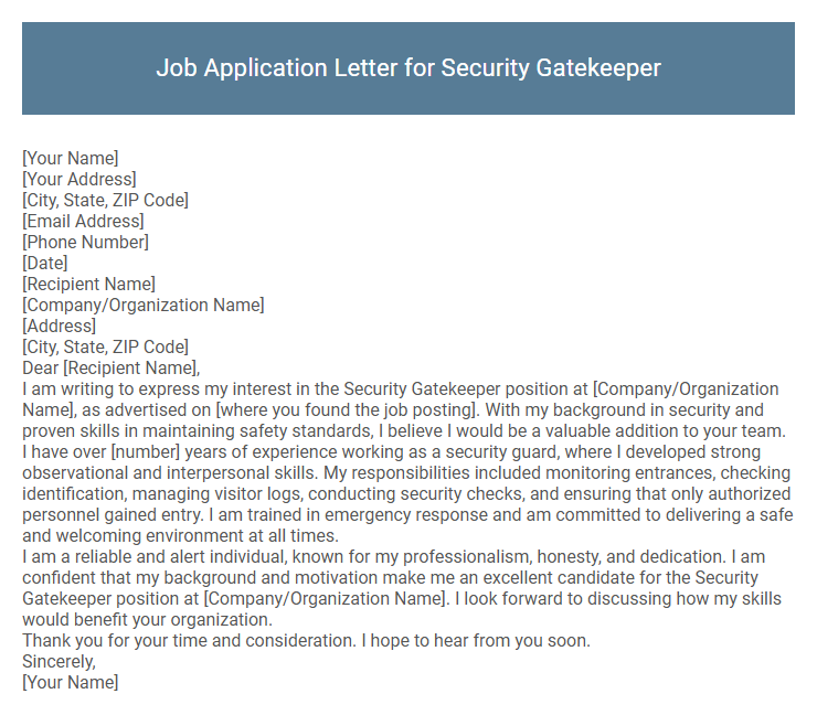 Job Application Letter for Security Gatekeeper