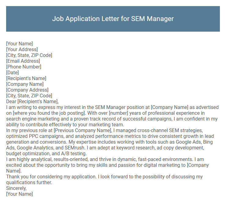 Job Application Letter for SEM Manager
