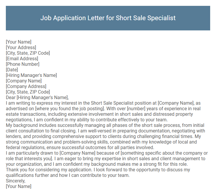 Job Application Letter for Short Sale Specialist